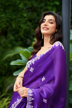 Vastranavya Purple-Blue Embroidery Work Shimmer Chiffon Saree with Unstitched Blouse - Distacart