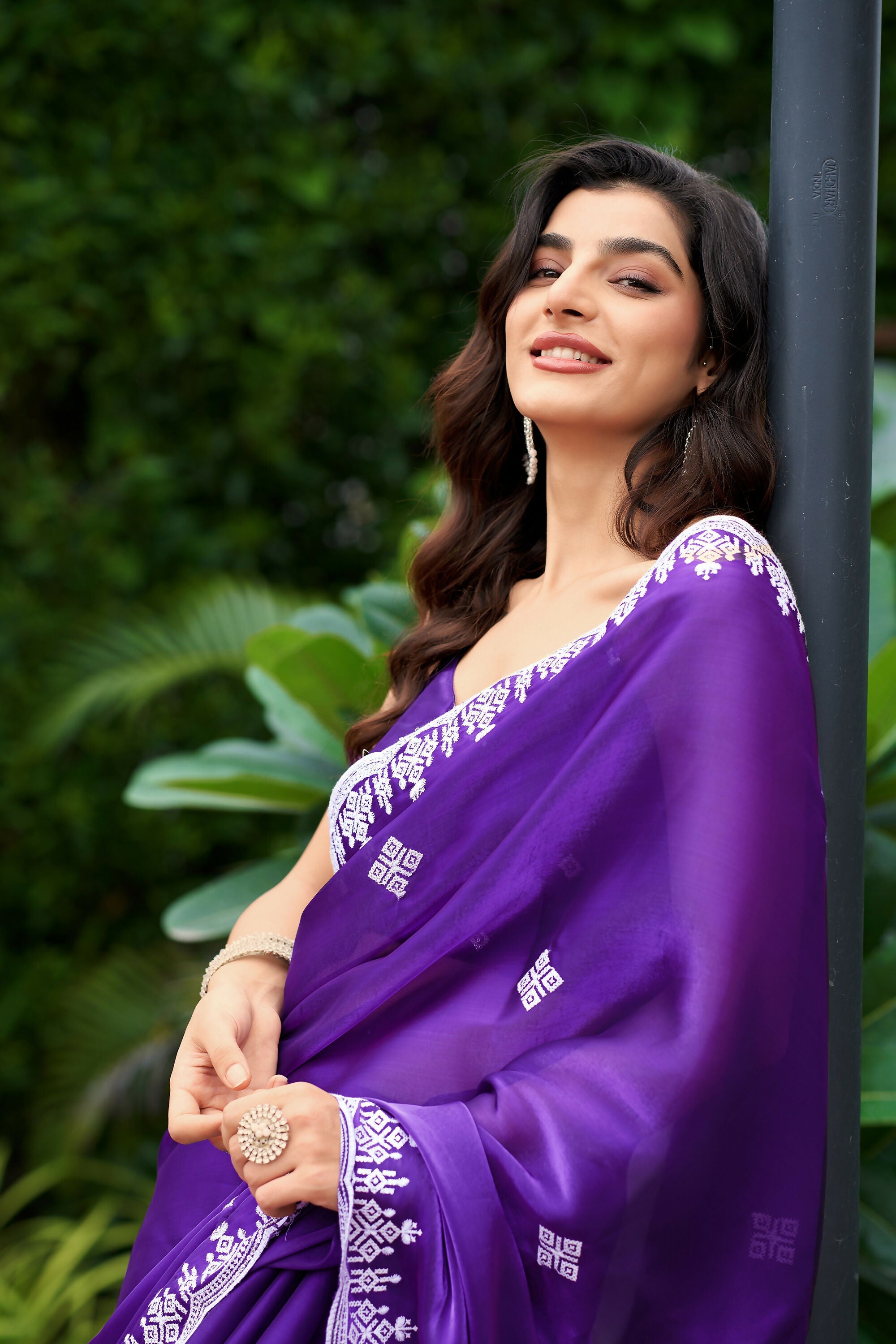 Vastranavya Purple-Blue Embroidery Work Shimmer Chiffon Saree with Unstitched Blouse - Distacart