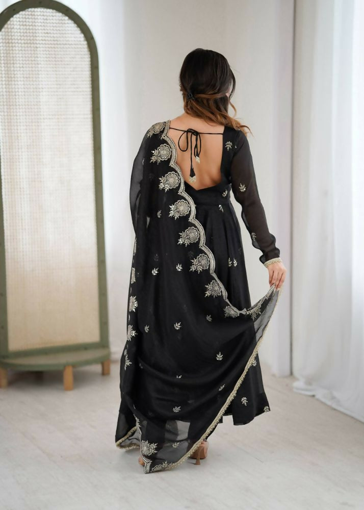Teeya Creation Black Color Crunchy Silk Embroidery Work Wedding Wear Gown - Distacart