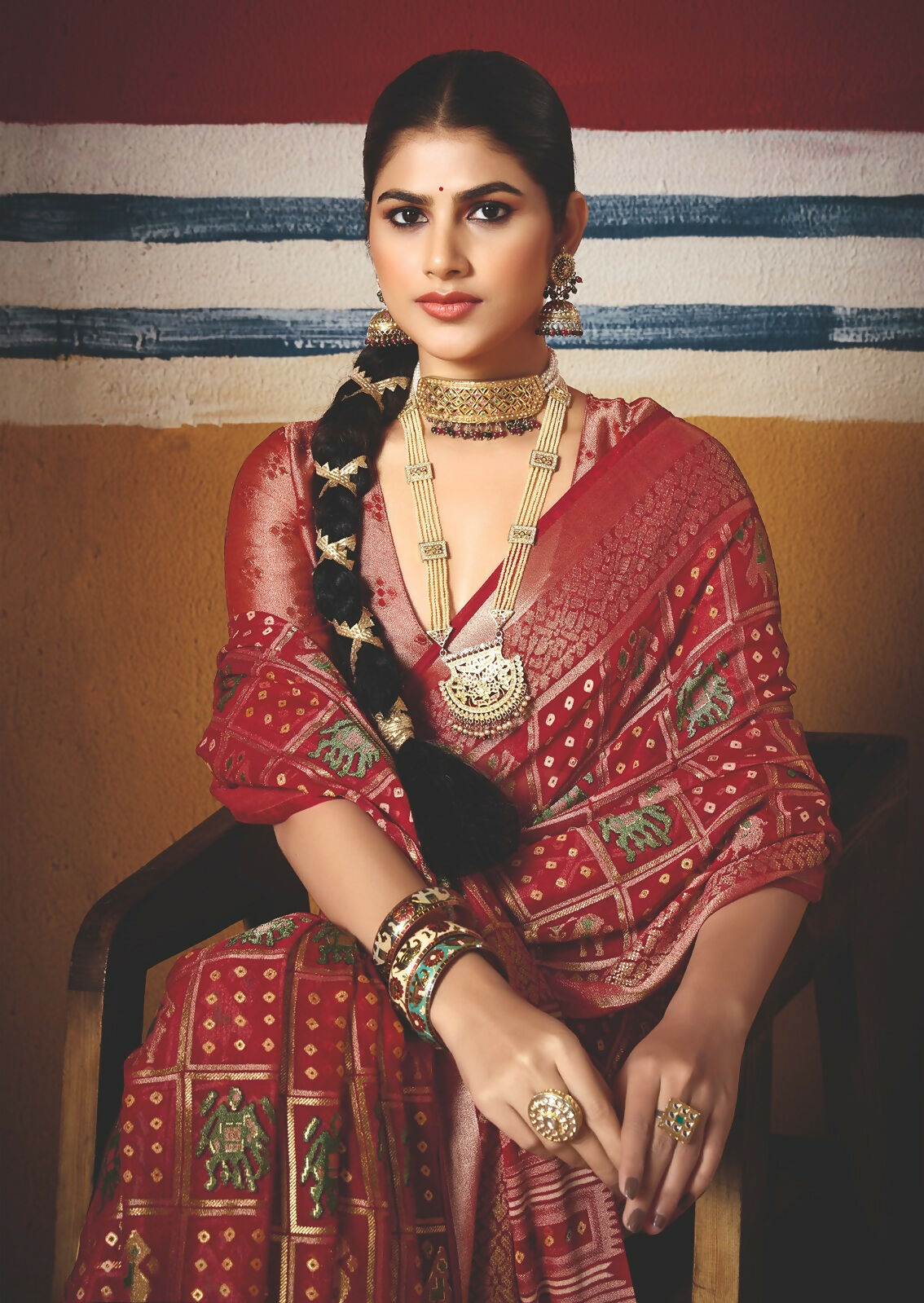 Joban Fashion Red Dull Moss Brasso Saree - Distacart