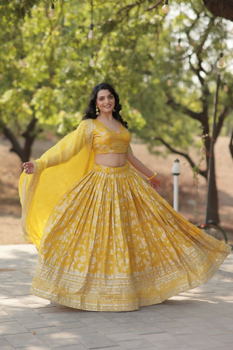Vastranavya Designer Dyeable Pure Viscose Jacquard Fabric Lehenga Choli & Dupatta Set - Yellow