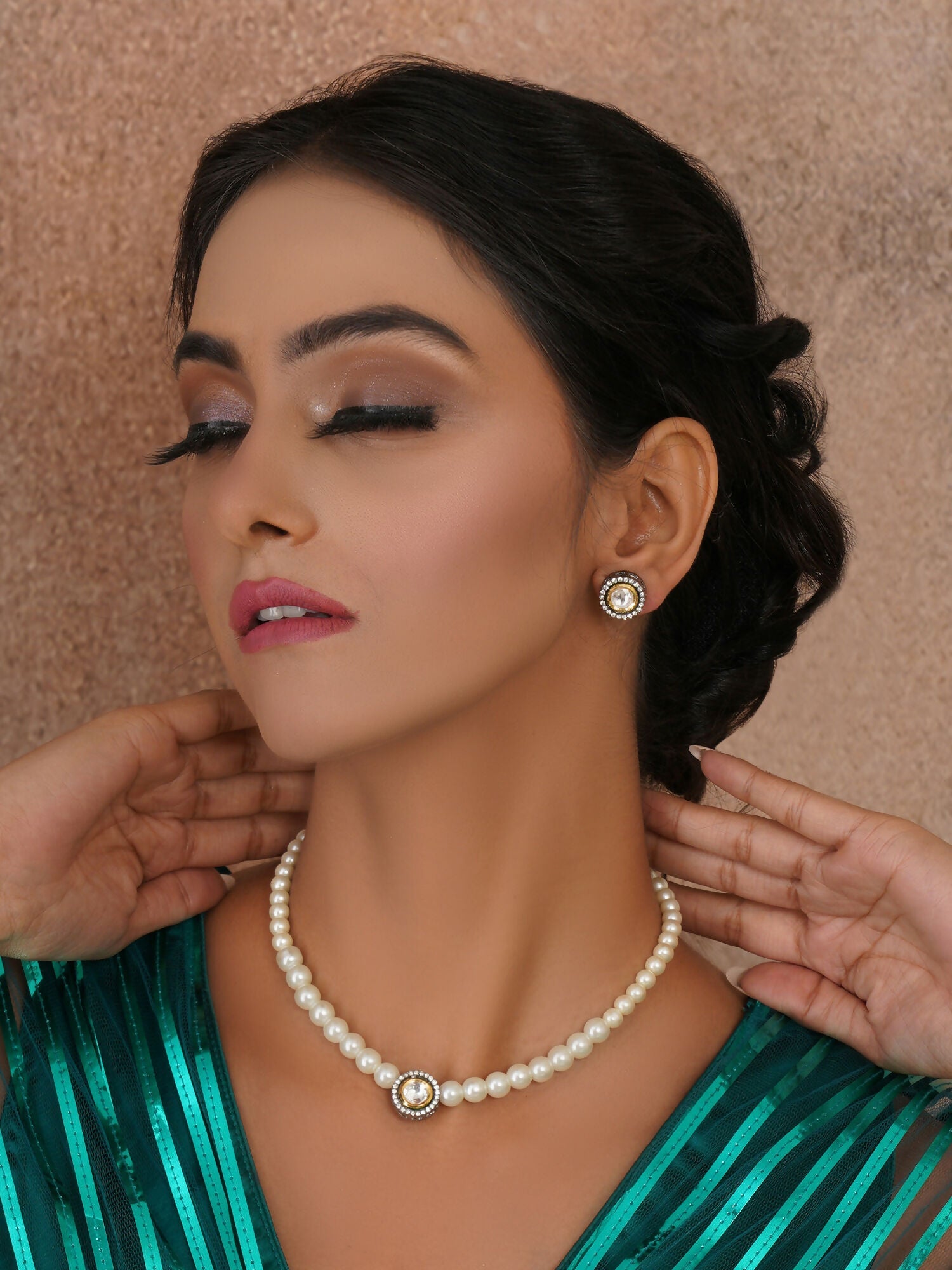 Kundan and Pearl Choker with Studs Jewellery Set (white) - Ruby Raang