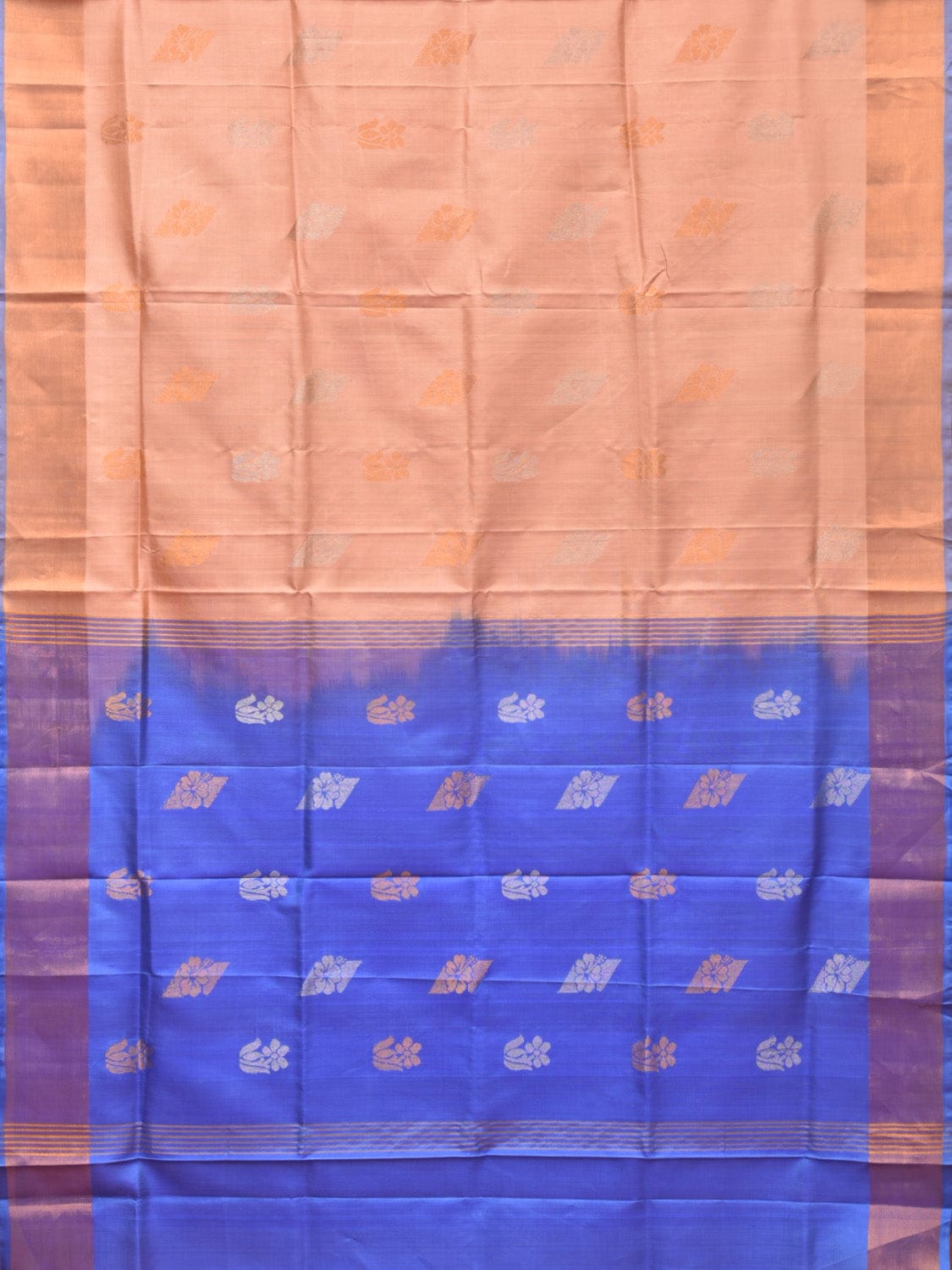 Peach and Light Blue Uppada Silk Handloom Saree with Body Buta Design - Global Threads