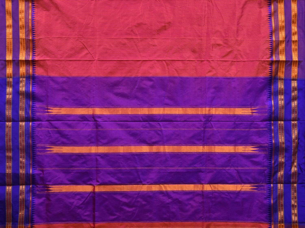 Peach and Purple Narayanpet Silk Saree with Checks Design No Blouse - Global Threads