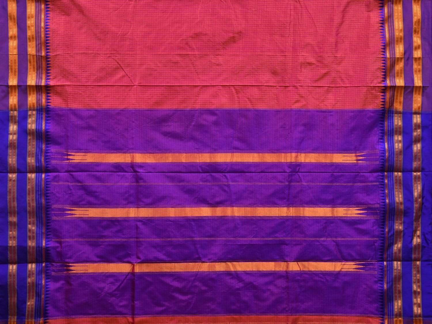 Peach and Purple Narayanpet Silk Saree with Checks Design No Blouse - Global Threads