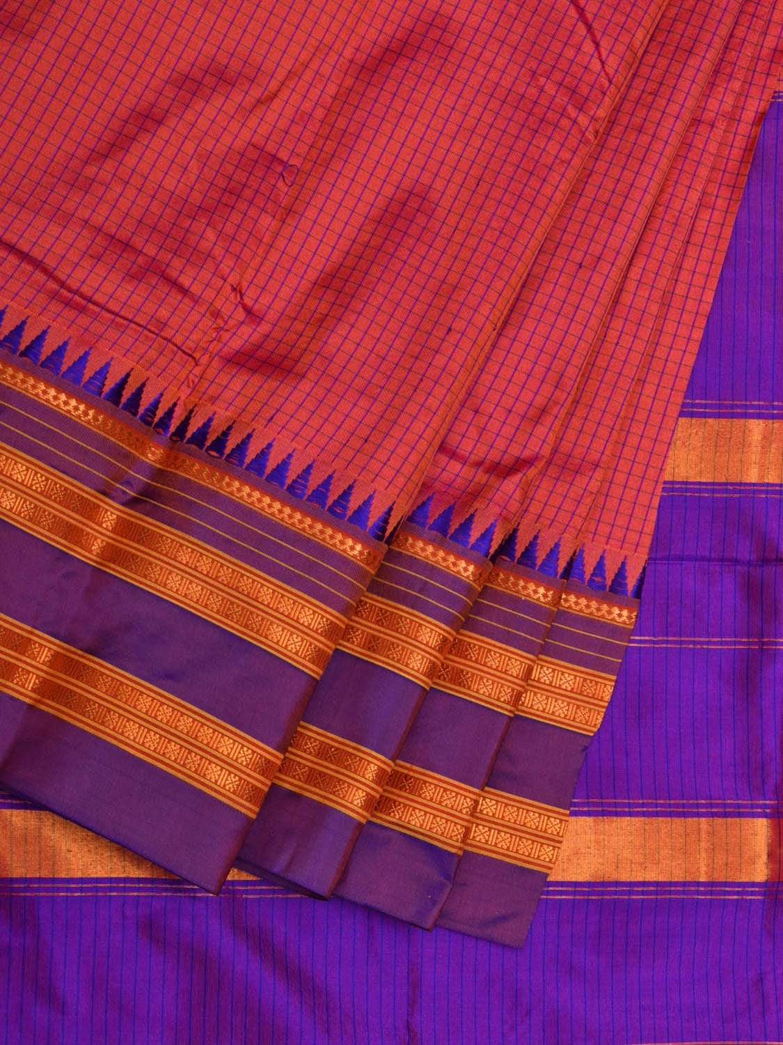 Peach and Purple Narayanpet Silk Saree with Checks Design No Blouse - Global Threads