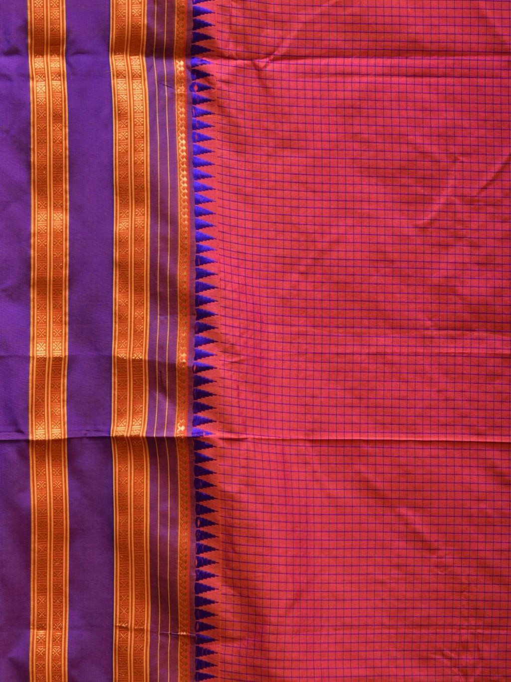 Peach and Purple Narayanpet Silk Saree with Checks Design No Blouse - Global Threads