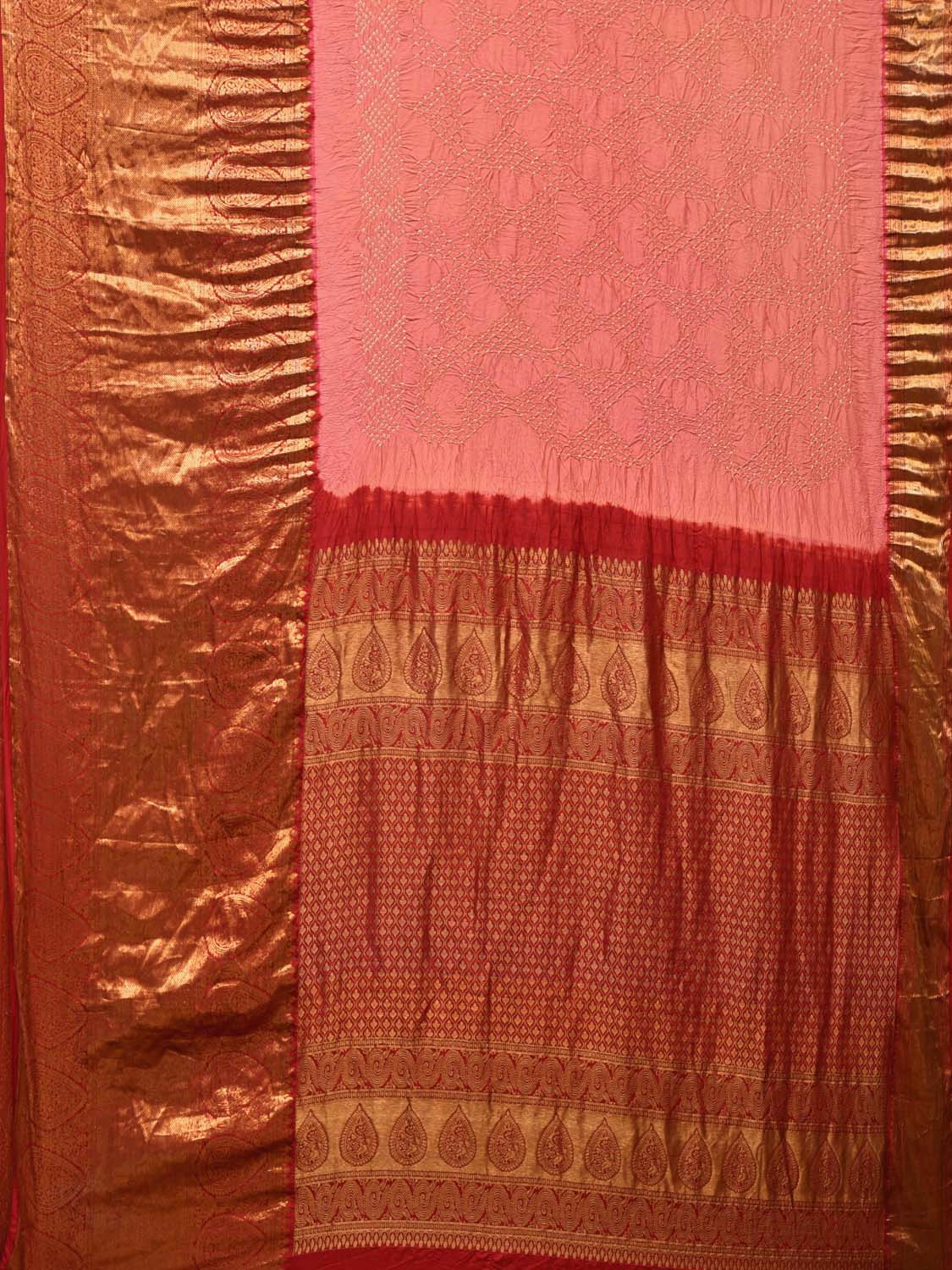Peach Bandhani Kanchipuram Silk Handloom Saree with Pallu and Border Design - Global Threads
