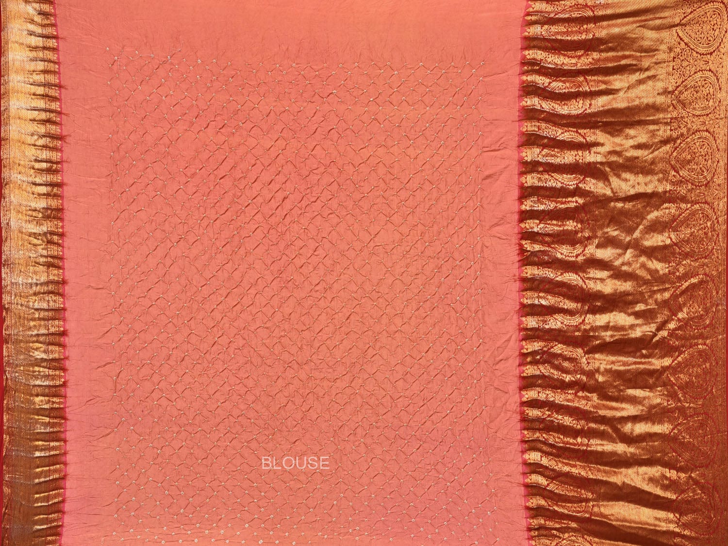 Peach Bandhani Kanchipuram Silk Handloom Saree with Pallu and Border Design - Global Threads