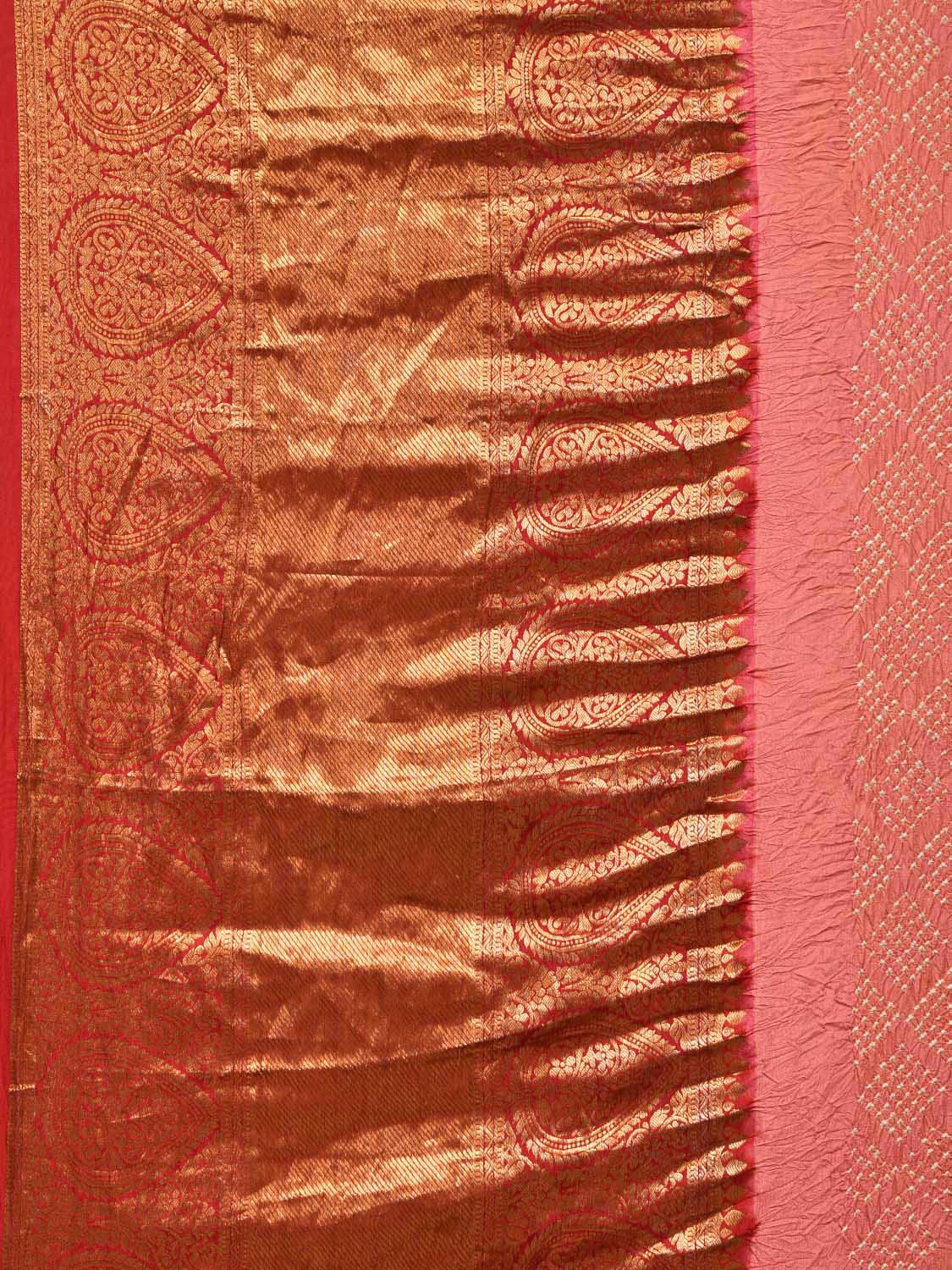 Peach Bandhani Kanchipuram Silk Handloom Saree with Pallu and Border Design - Global Threads