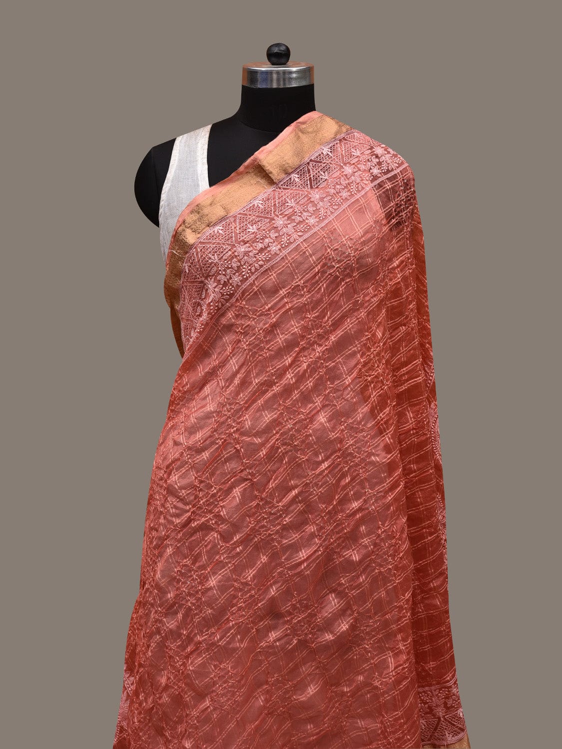 Peach Bandhani Silk Handloom Dupatta with Mango and Border Design - Global Threads