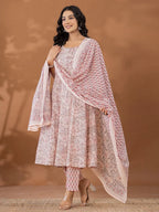 Yufta Peach Cotton Anarkali Square Neck Kurta Dupatta Set