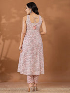 Yufta Peach Cotton Anarkali Square Neck Kurta Dupatta Set