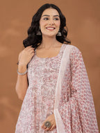 Yufta Peach Cotton Anarkali Square Neck Kurta Dupatta Set