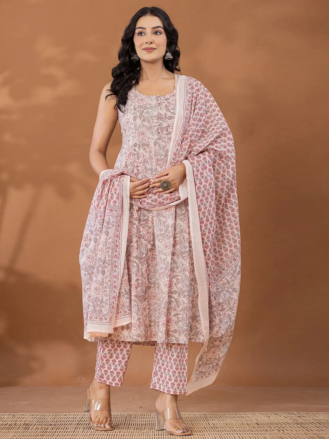 Yufta Peach Cotton Anarkali Square Neck Kurta Dupatta Set