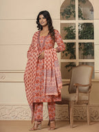 Yufta Peach Cotton Sequins_Work Kurta Dupatta Set