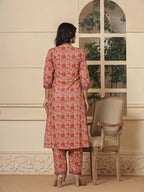 Yufta Peach Cotton Sequins_Work Kurta Dupatta Set