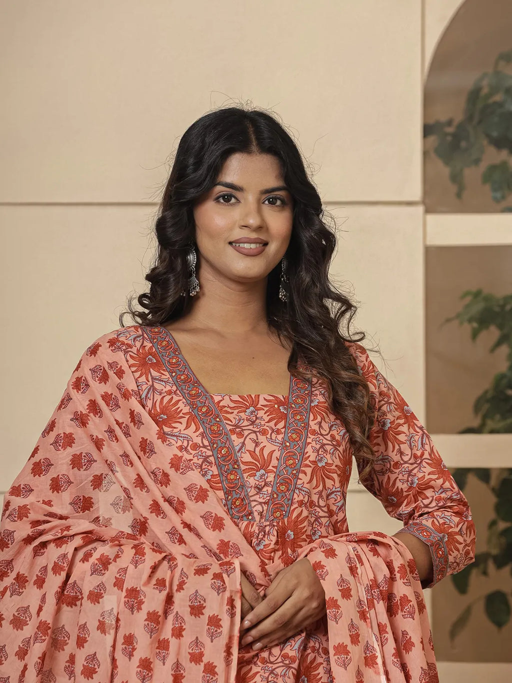 Yufta Peach Cotton Sequins_Work Kurta Dupatta Set