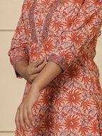 Yufta Peach Cotton Sequins_Work Kurta Dupatta Set