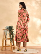 Yufta Peach Floral Print Sequins Work Anarkali Kurta And Trouser With Dupatta Set - Distacart