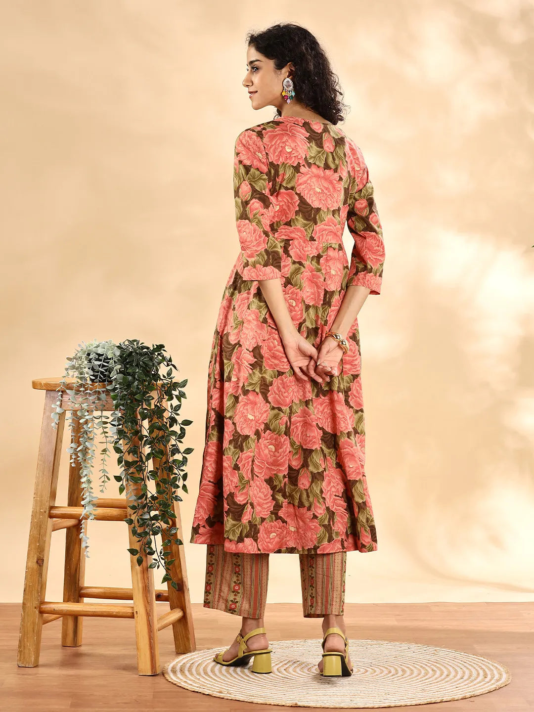 Yufta Peach Floral Print Sequins Work Anarkali Kurta And Trouser With Dupatta Set - Distacart