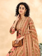 Yufta Peach Floral Print Sequins Work Anarkali Kurta And Trouser With Dupatta Set - Distacart