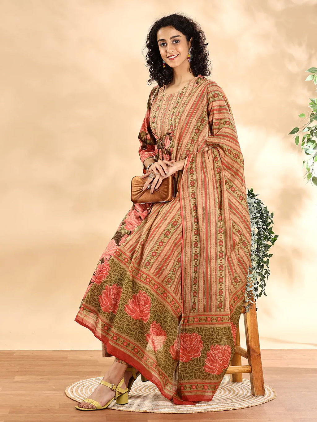 Yufta Peach Floral Print Sequins Work Anarkali Kurta And Trouser With Dupatta Set - Distacart