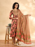 Yufta Peach Floral Print Sequins Work Anarkali Kurta And Trouser With Dupatta Set - Distacart