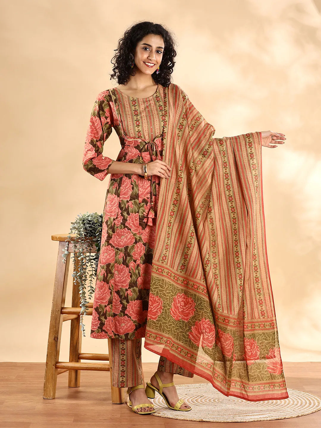 Yufta Peach Floral Print Sequins Work Anarkali Kurta And Trouser With Dupatta Set - Distacart