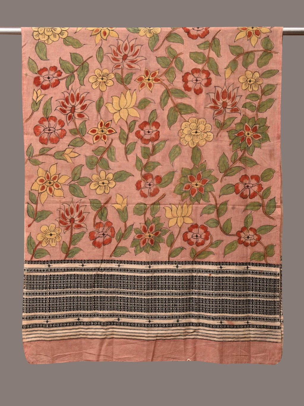 Peach Kalamkari Hand Painted Cotton Bhujodi Handloom Dupatta with Floral Design - Global Threads