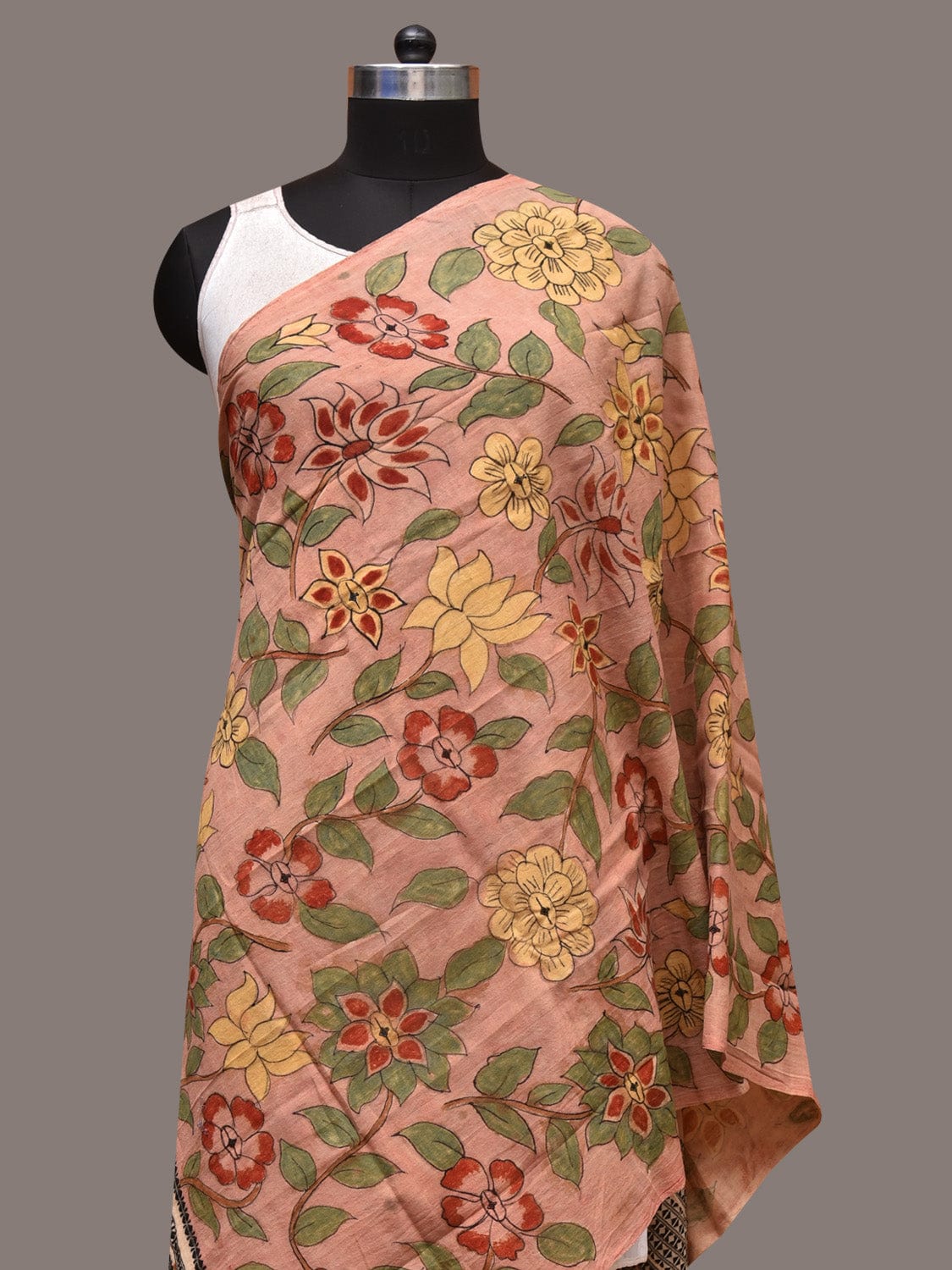 Peach Kalamkari Hand Painted Cotton Bhujodi Handloom Dupatta with Floral Design - Global Threads