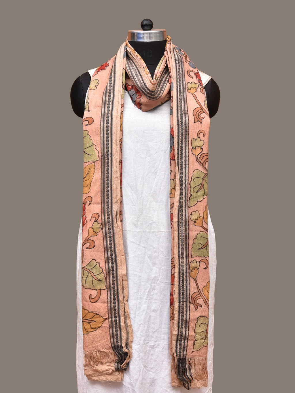 Peach Kalamkari Hand Painted Cotton Handloom Dupatta with Floral Design - Global Threads
