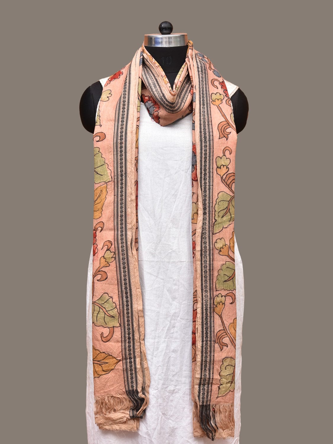 Peach Kalamkari Hand Painted Cotton Handloom Dupatta with Floral Design - Global Threads