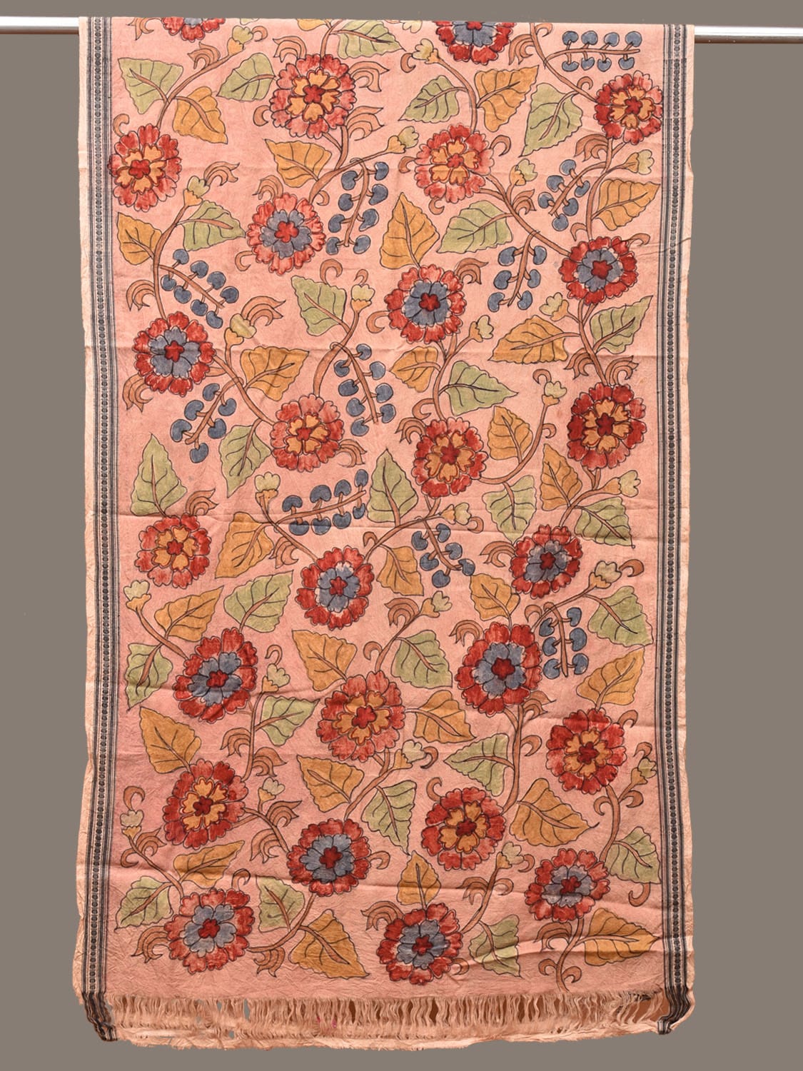 Peach Kalamkari Hand Painted Cotton Handloom Dupatta with Floral Design - Global Threads