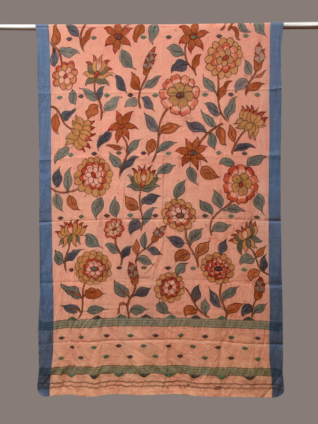 Peach Kalamkari Hand Painted Cotton Handloom Dupatta with Floral Design - Global Threads