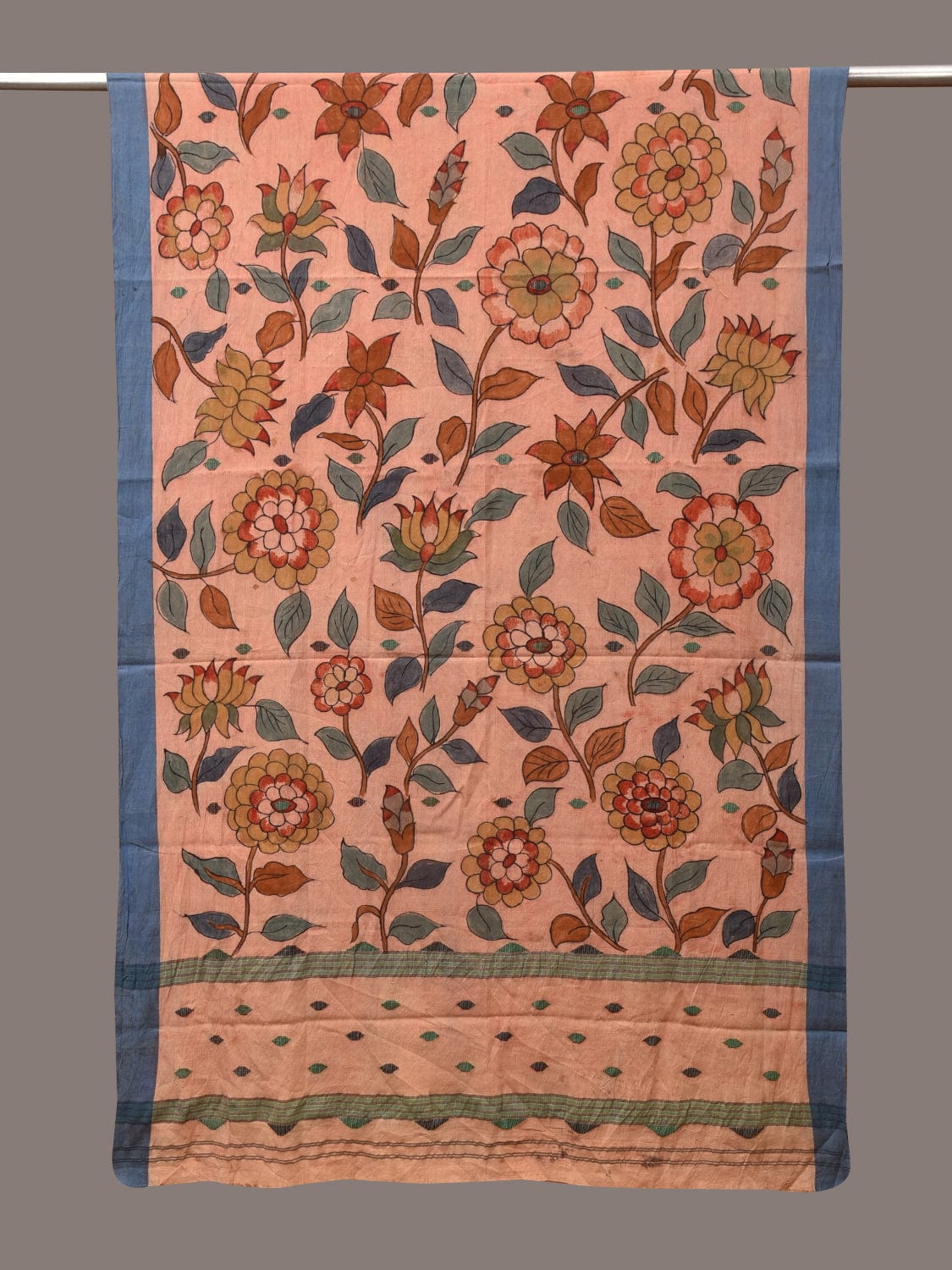 Peach Kalamkari Hand Painted Cotton Handloom Dupatta with Floral Design - Global Threads