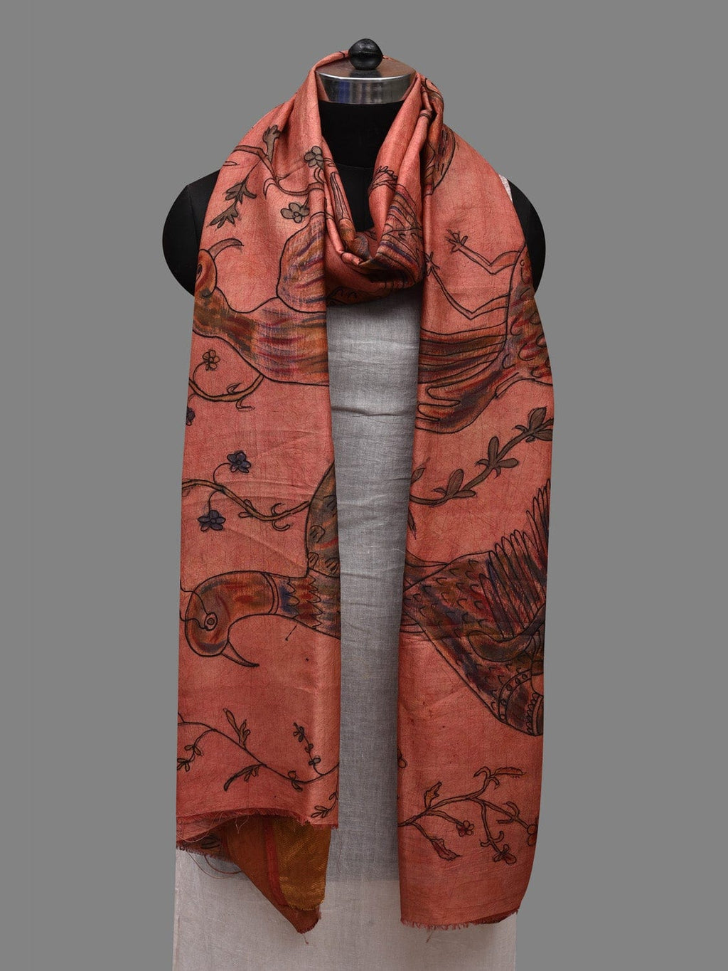 Peach Kalamkari Hand Painted Kanchipuram Silk Handloom Dupatta with Birds Design - Global Threads