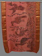 Peach Kalamkari Hand Painted Kanchipuram Silk Handloom Dupatta with Birds Design - Global Threads