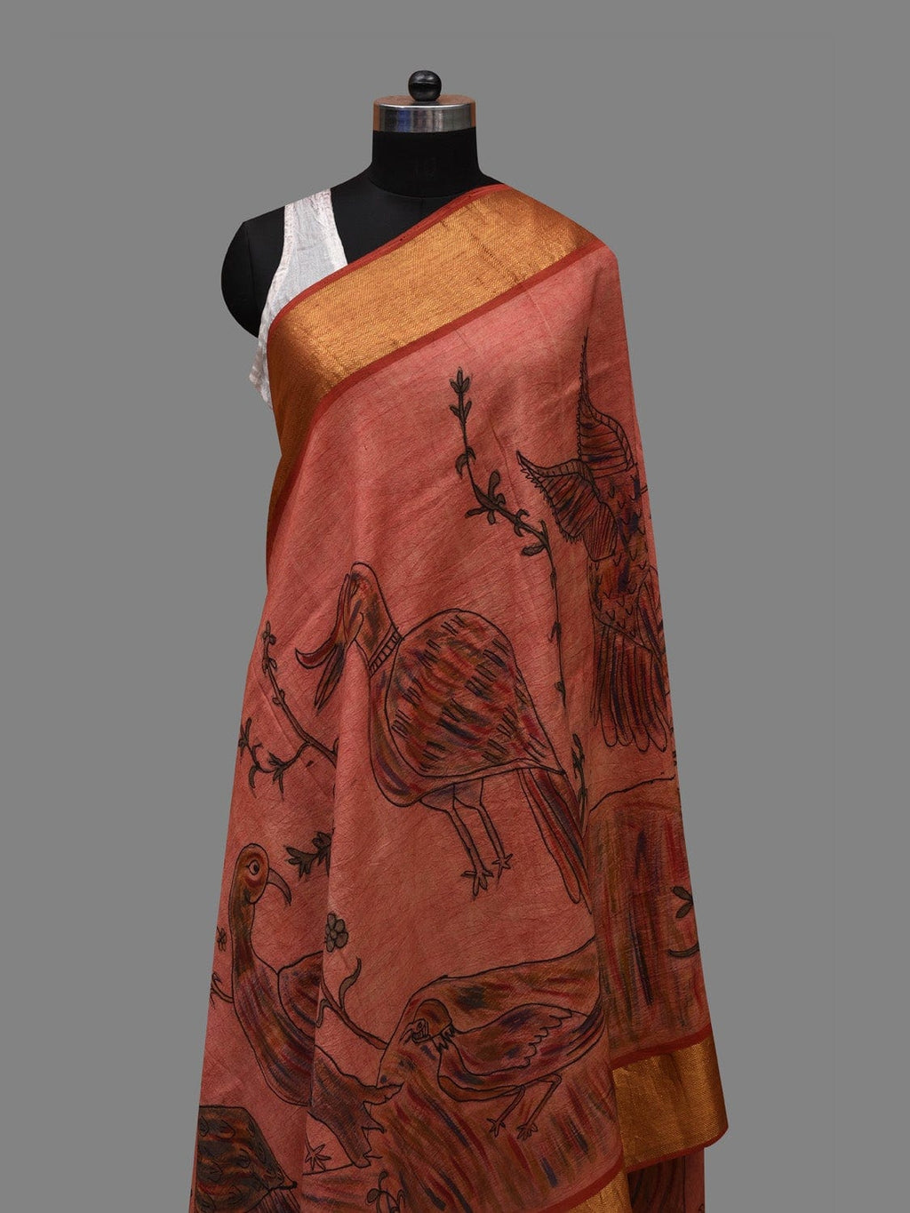 Peach Kalamkari Hand Painted Kanchipuram Silk Handloom Dupatta with Birds Design - Global Threads