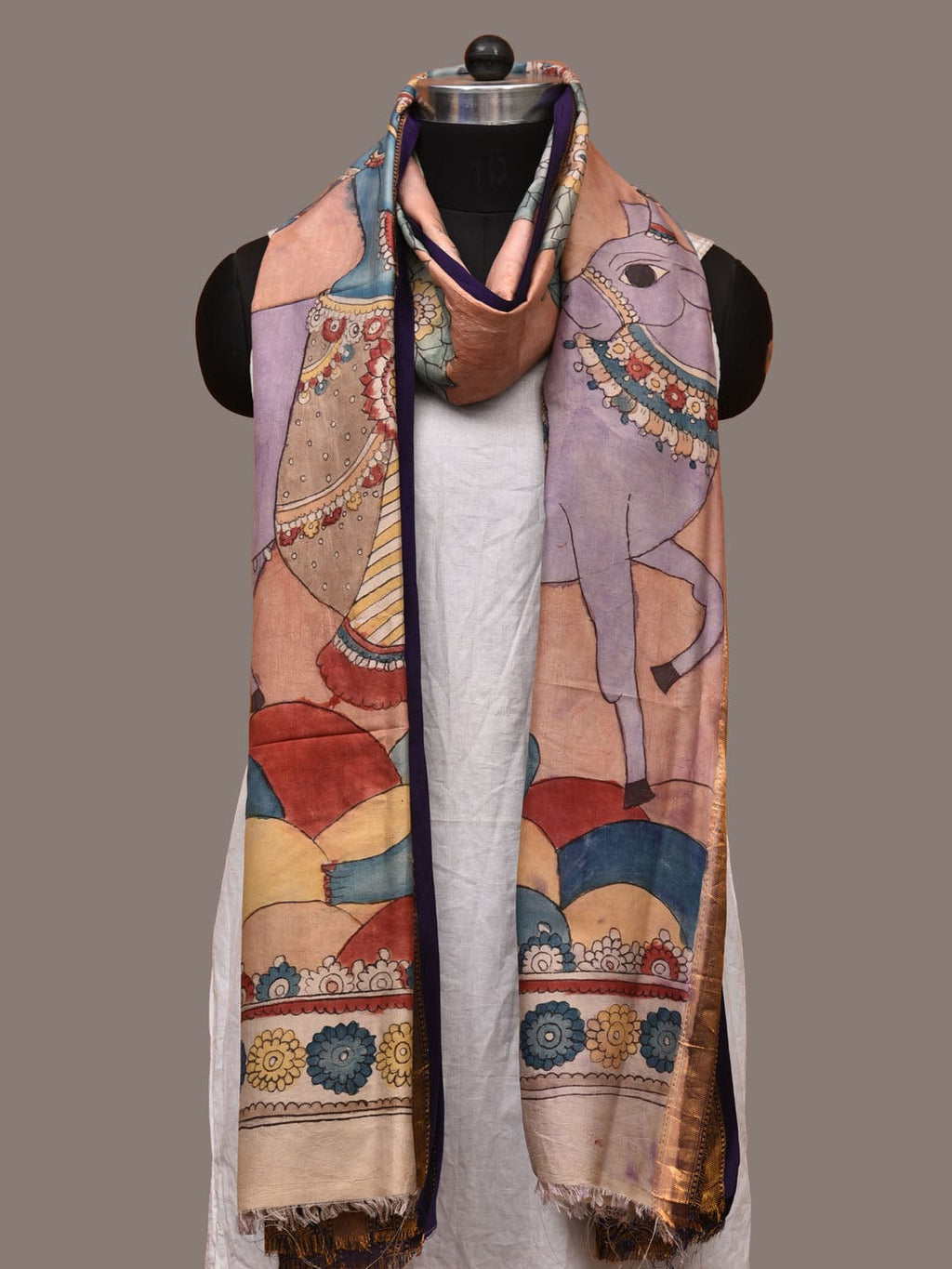 Peach Kalamkari Hand Painted Kanchipuram Silk Handloom Dupatta with Krishna and Cow Design - Global Threads