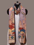 Peach Kalamkari Hand Painted Kanchipuram Silk Handloom Dupatta with Krishna and Cow Design - Global Threads