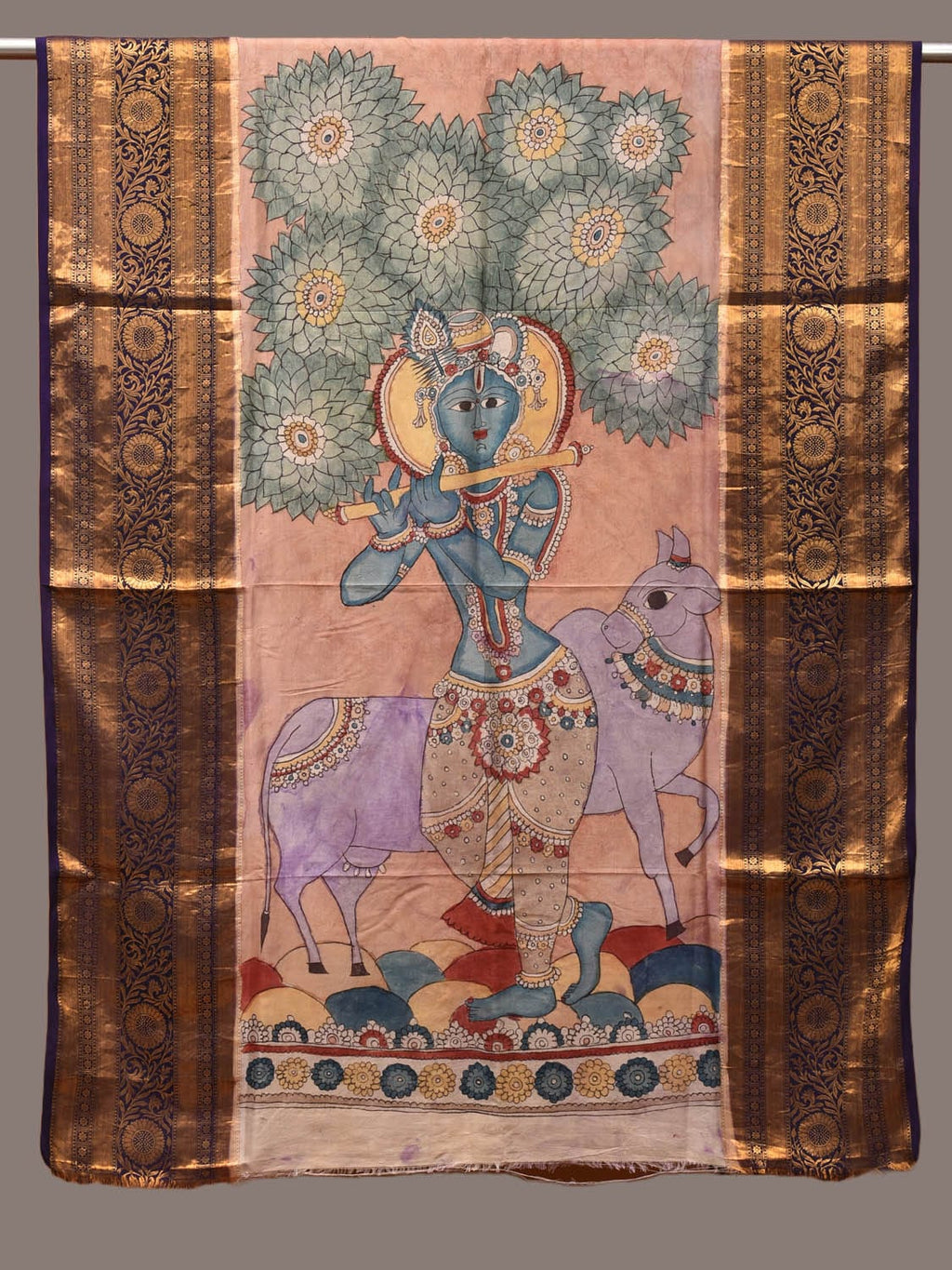 Peach Kalamkari Hand Painted Kanchipuram Silk Handloom Dupatta with Krishna and Cow Design - Global Threads