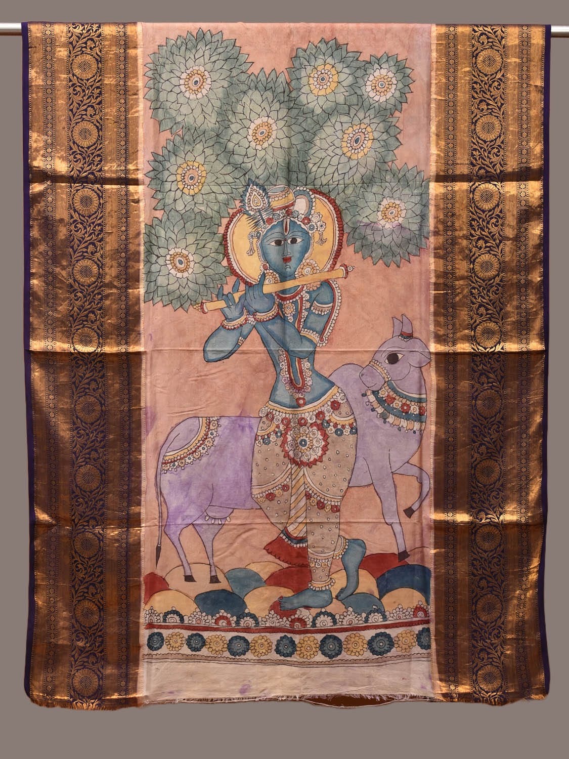 Peach Kalamkari Hand Painted Kanchipuram Silk Handloom Dupatta with Krishna and Cow Design - Global Threads