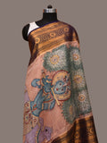 Peach Kalamkari Hand Painted Kanchipuram Silk Handloom Dupatta with Krishna and Cow Design - Global Threads