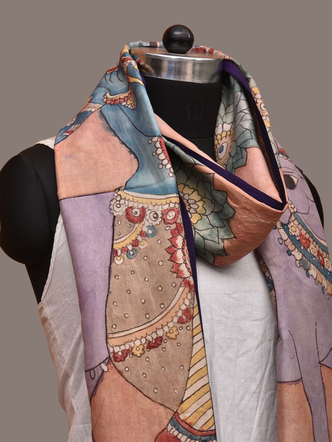 Peach Kalamkari Hand Painted Kanchipuram Silk Handloom Dupatta with Krishna and Cow Design - Global Threads