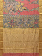 Peach Kalamkari Hand Painted Kanchipuram Silk Handloom Saree with Ramayana Design - Global Threads