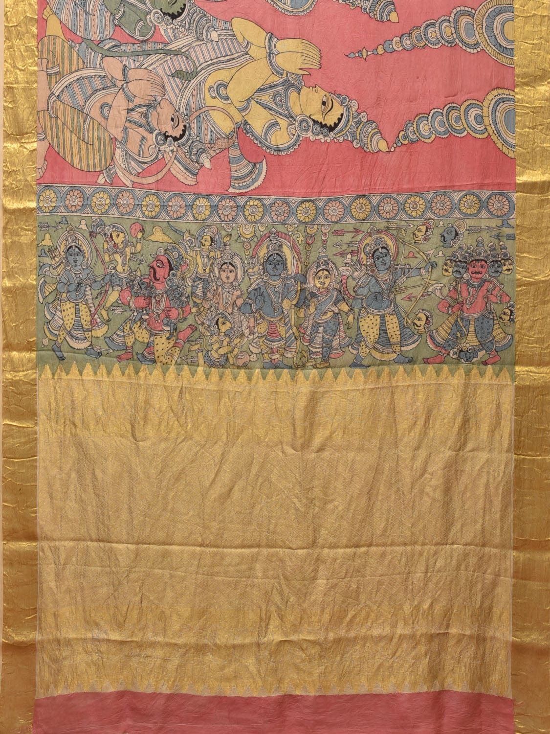 Peach Kalamkari Hand Painted Kanchipuram Silk Handloom Saree with Ramayana Design - Global Threads