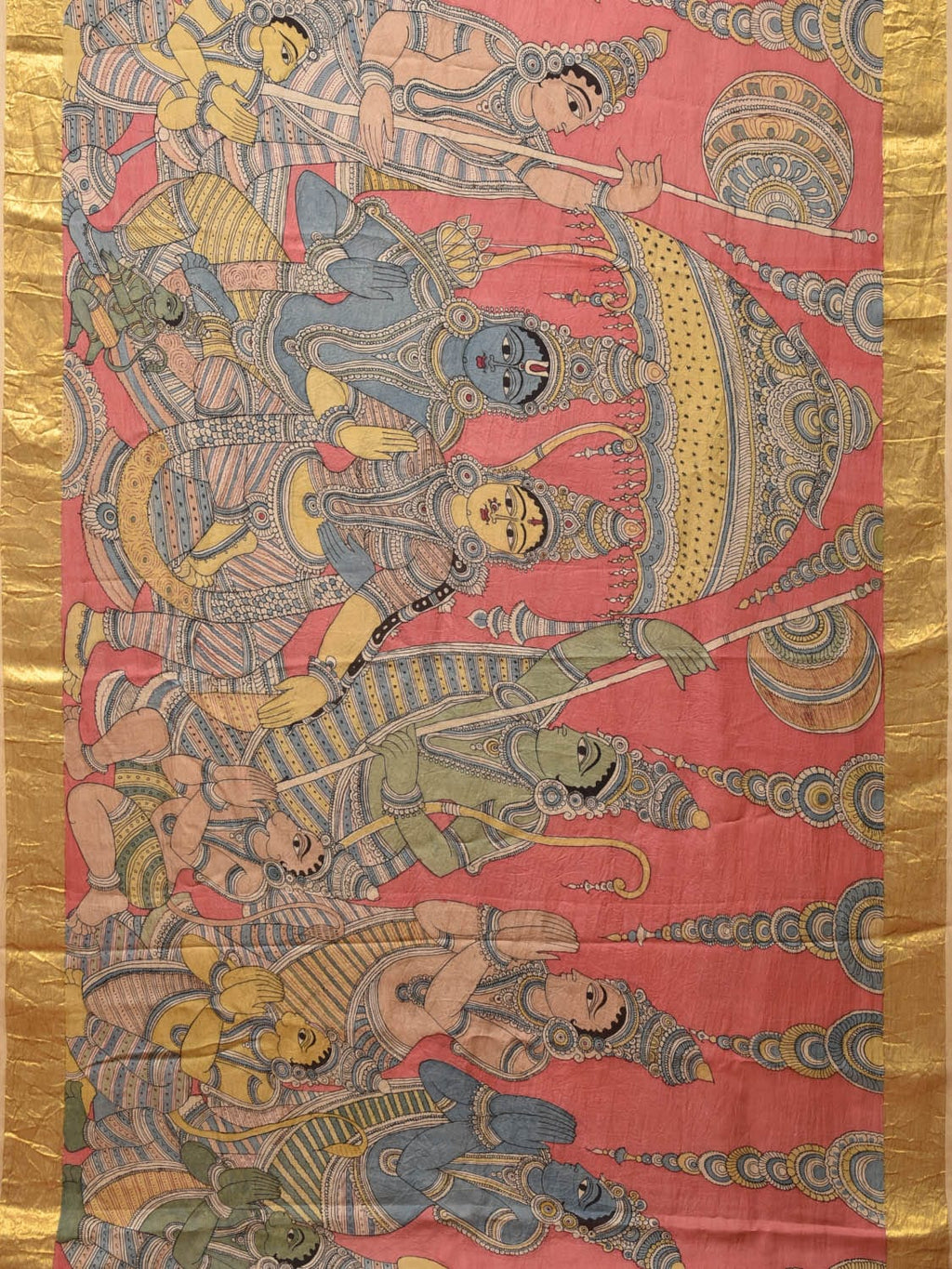 Peach Kalamkari Hand Painted Kanchipuram Silk Handloom Saree with Ramayana Design - Global Threads