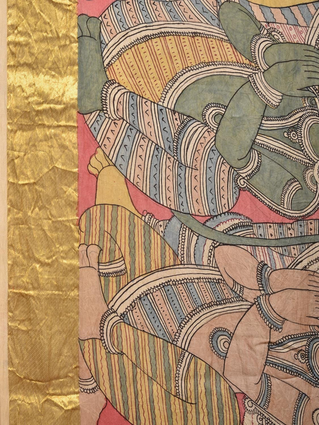 Peach Kalamkari Hand Painted Kanchipuram Silk Handloom Saree with Ramayana Design - Global Threads