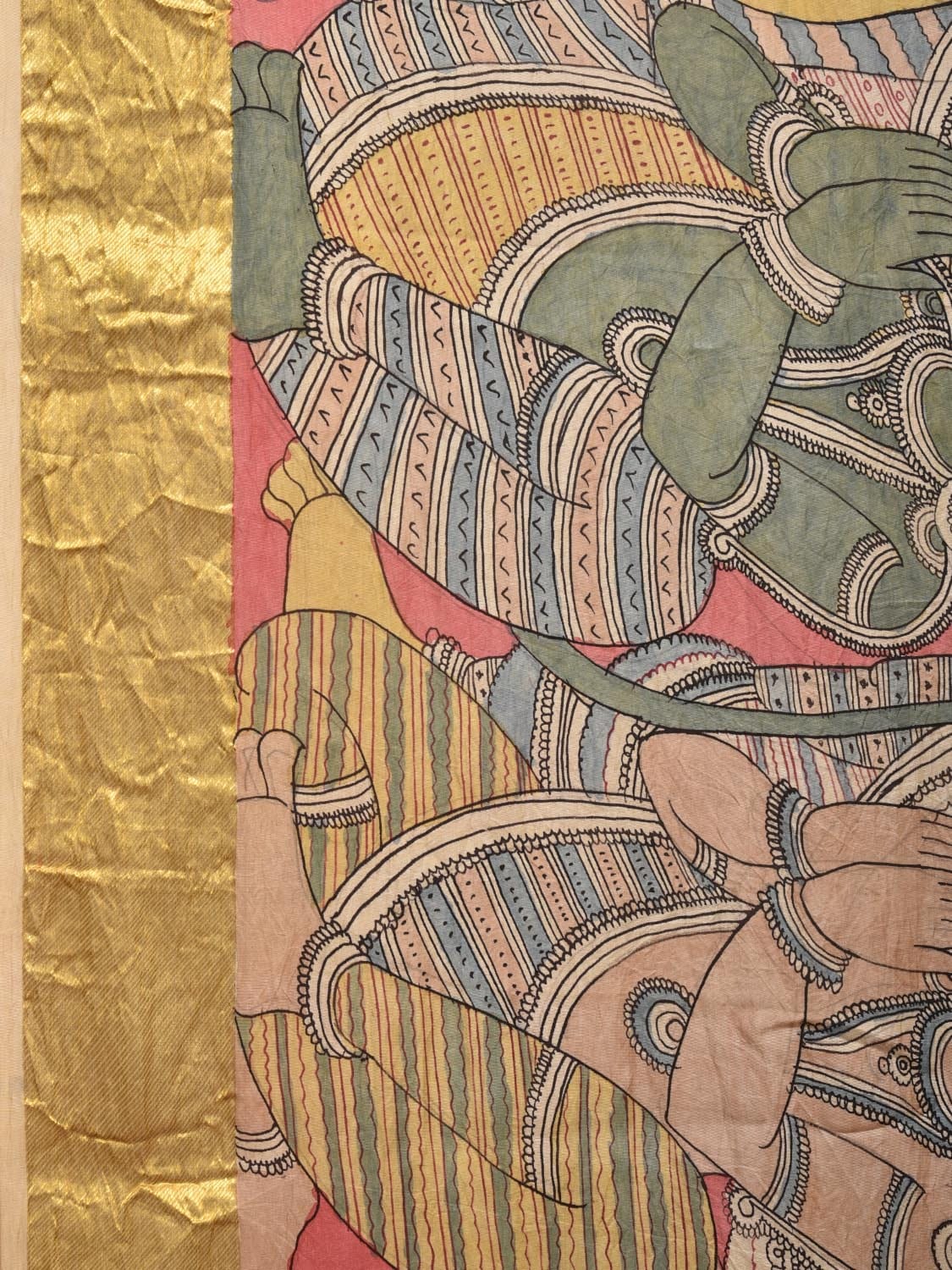 Peach Kalamkari Hand Painted Kanchipuram Silk Handloom Saree with Ramayana Design - Global Threads